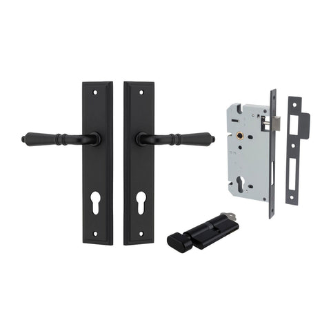 IVER Sarlat Door Lever Handle On Stepped Backplate | Entrance Kit (Key/Thumb) | 10 Finishes - Matt Black