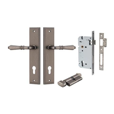 IVER Sarlat Door Lever Handle On Stepped Backplate | Entrance Kit (Key/Thumb) | 10 Finishes - Distressed Nickel