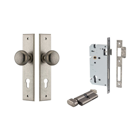 IVER Cambridge Door Knob On Chamfered Backplate | Entrance Kit (Key/Thumb) | 8 Finishes - Distressed Nickel