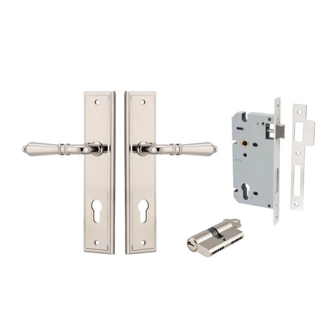 IVER Sarlat Door Lever Handle On Stepped Backplate | Entrance Kit (Key/Key) | 10 Finishes - Polished Nickel