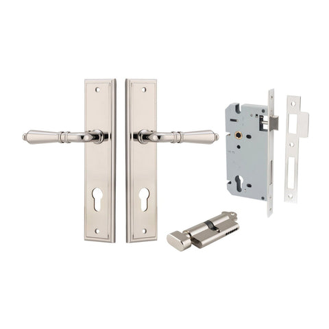 IVER Sarlat Door Lever Handle On Stepped Backplate | Entrance Kit (Key/Thumb) | 10 Finishes - Polished Nickel