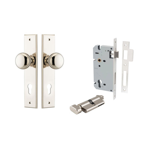 IVER Cambridge Door Knob On Chamfered Backplate | Entrance Kit (Key/Thumb) | 8 Finishes - Polished Nickel