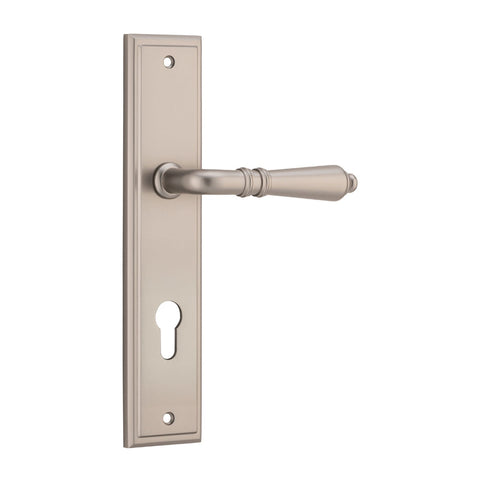 IVER Sarlat Door Lever Handle On Stepped Backplate | Entrance Lever Set Only | 10 Finishes - Satin Nickel