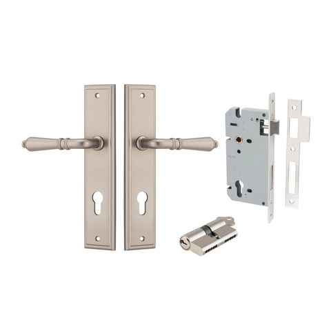 IVER Sarlat Door Lever Handle On Stepped Backplate | Entrance Kit (Key/Key) | 10 Finishes - Satin Nickel