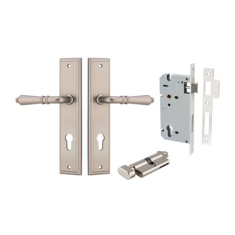 IVER Sarlat Door Lever Handle On Stepped Backplate | Entrance Kit (Key/Thumb) | 10 Finishes - Satin Nickel
