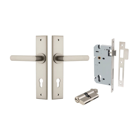 IVER Osaka Door Lever Handle On Chamfered Backplate | Entrance Kit (Key/Key) | 6 Finishes - Satin Nickel