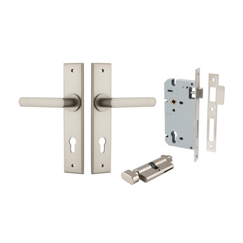 IVER Osaka Door Lever Handle On Chamfered Backplate | Entrance Kit (Key/Thumb) | 6 Finishes - Satin Nickel