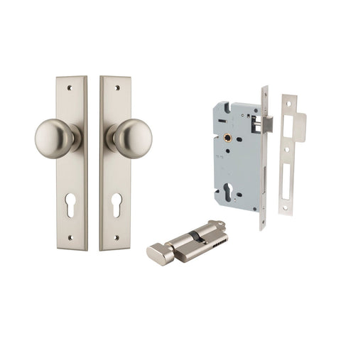 IVER Cambridge Door Knob On Chamfered Backplate | Entrance Kit (Key/Thumb) | 8 Finishes - Satin Nickel
