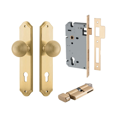 IVER Guildford Door Knob On Shouldered Backplate | Entrance Kit (Key/Thumb) | 8 Finishes - Brushed Brass