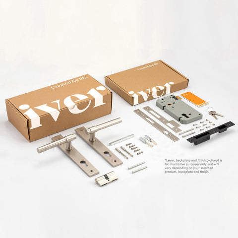 IVER Osaka Door Lever Handle On Chamfered Backplate | Entrance Kit (Key/Key) | 6 Finishes