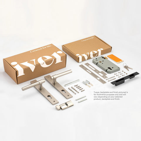 IVER Osaka Door Lever Handle On Chamfered Backplate | Entrance Kit (Key/Thumb) | 6 Finishes