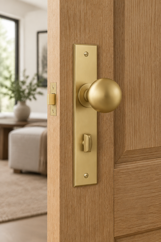 A close-up of a brass door handle and lockset on a light oak wood door, with a softly blurred living room background visible through the open doorway.