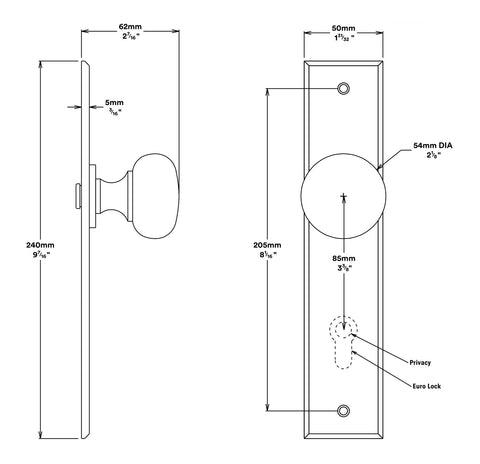 IVER Cambridge Door Knob On Chamfered Backplate | Separate Privacy Kit | 8 Finishes