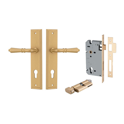 IVER Sarlat Door Lever Handle On Stepped Backplate | Entrance Kit (Key/Thumb) | 10 Finishes - Brushed Brass