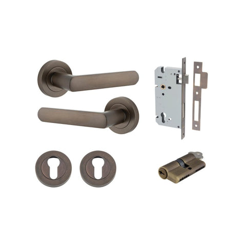 IVER Osaka Door Lever Handle On Round Rose | Entrance Kit (Key/Thumb) | 6 Finishes - Signature Brass
