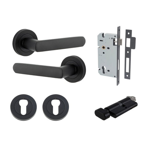 IVER Osaka Door Lever Handle On Round Rose | Entrance Kit (Key/Key) | 6 Finishes - Matt Black