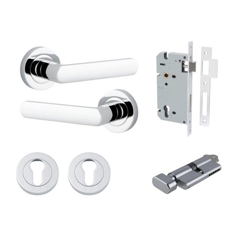 IVER Osaka Door Lever Handle On Round Rose | Entrance Kit (Key/Thumb) | 6 Finishes - Polished Chrome