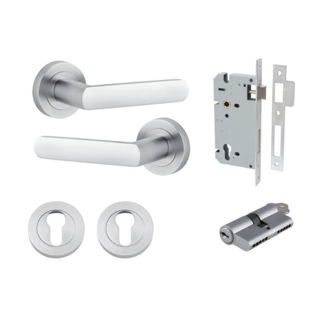 IVER Osaka Door Lever Handle On Round Rose | Entrance Kit (Key/Key) | 6 Finishes - Brushed Chrome