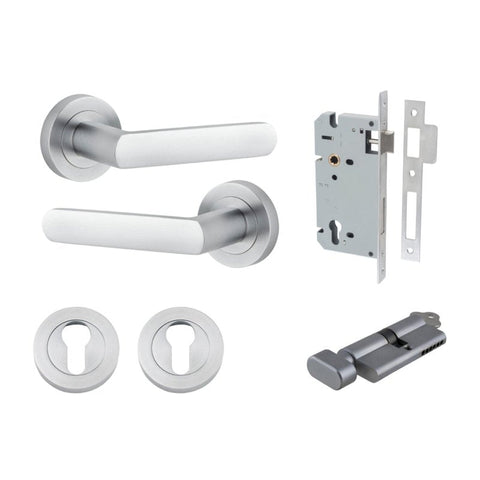 IVER Osaka Door Lever Handle On Round Rose | Entrance Kit (Key/Thumb) | 6 Finishes - Brushed Chrome