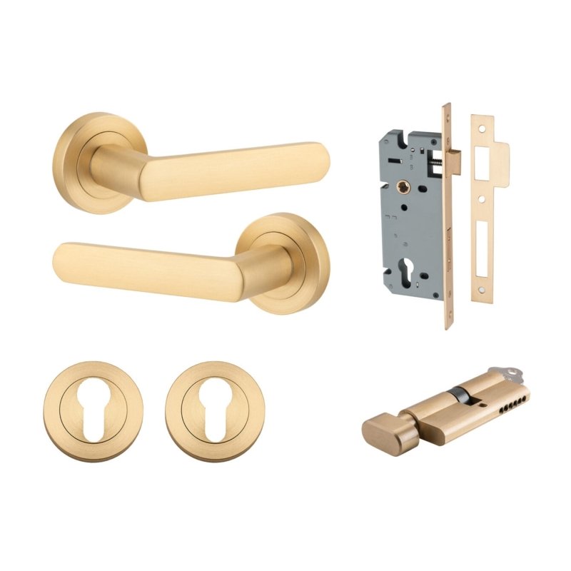 IVER Osaka Door Lever Handle On Round Rose | Entrance Kit (Key/Key) | 6 Finishes - Brushed Brass