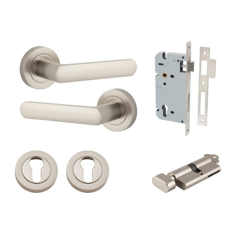 IVER Osaka Door Lever Handle On Round Rose | Entrance Kit (Key/Thumb) | 6 Finishes - Satin Nickel