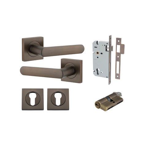 IVER Osaka Door Lever Handle On Square Rose | Entrance Kit (Key/Key) | 6 Finishes - Signature Brass