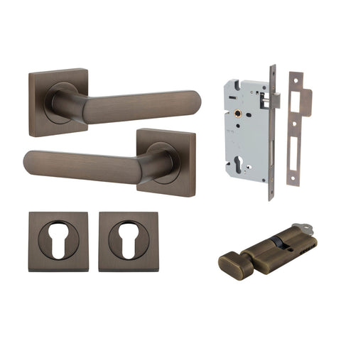 IVER Osaka Door Lever Handle On Square Rose | Entrance Kit (Key/Thumb) | 6 Finishes - Signature Brass
