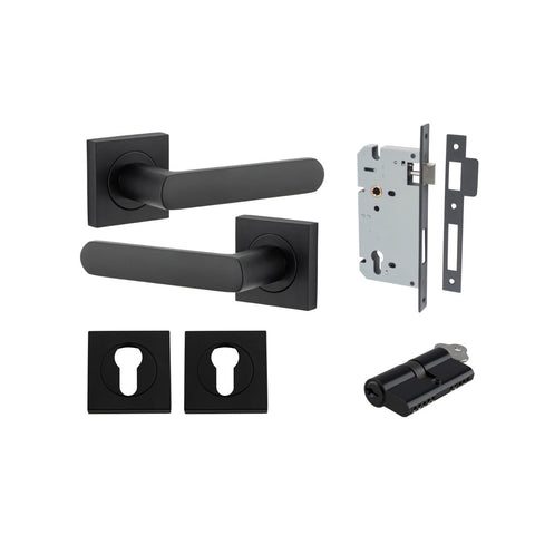 IVER Osaka Door Lever Handle On Square Rose | Entrance Kit (Key/Key) | 6 Finishes - Matt Black