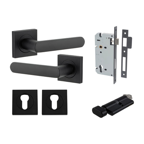 IVER Osaka Door Lever Handle On Square Rose | Entrance Kit (Key/Thumb) | 6 Finishes - Matt Black