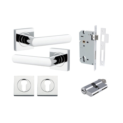 IVER Osaka Door Lever Handle On Square Rose | Entrance Kit (Key/Key) | 6 Finishes - Polished Chrome