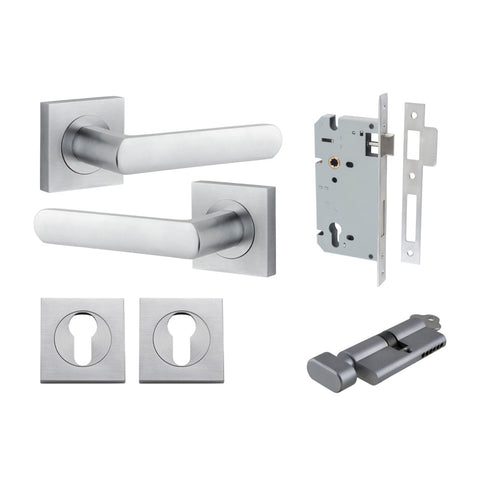 IVER Osaka Door Lever Handle On Square Rose | Entrance Kit (Key/Thumb) | 6 Finishes - Brushed Chrome
