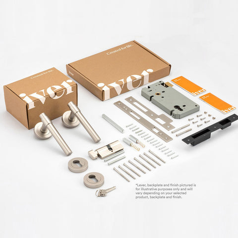 IVER Osaka Door Lever Handle On Square Rose | Entrance Kit (Key/Thumb) | 6 Finishes
