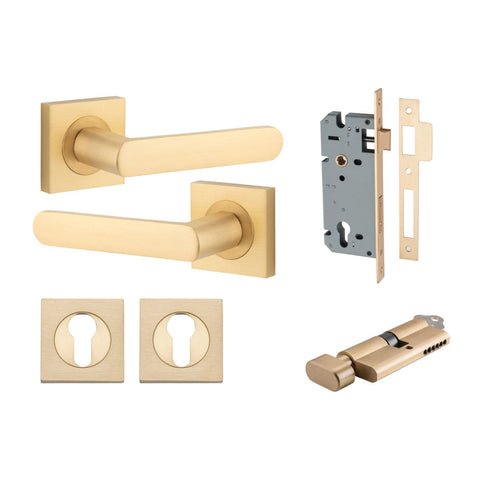 IVER Osaka Door Lever Handle On Square Rose | Entrance Kit (Key/Thumb) | 6 Finishes - Brushed Brass