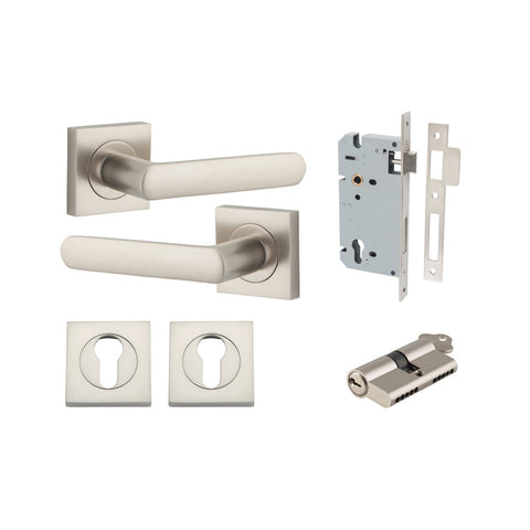 IVER Osaka Door Lever Handle On Square Rose | Entrance Kit (Key/Key) | 6 Finishes - Satin Nickel