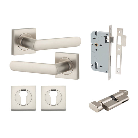IVER Osaka Door Lever Handle On Square Rose | Entrance Kit (Key/Thumb) | 6 Finishes - Satin Nickel