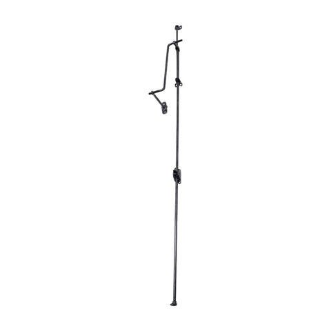 Black adjustable camera tripod stand on a white background