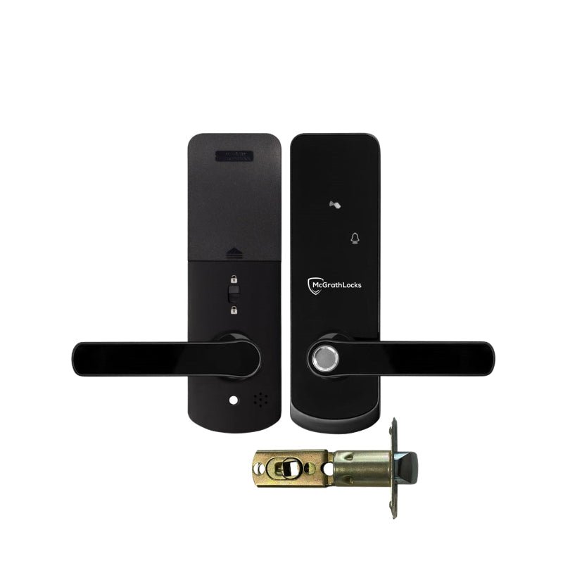 Black electronic door lock set with McGraw-Hill logo on a white background