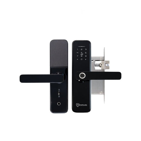 Black digital door lock with keypad on a white background