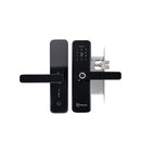 Black digital door lock with keypad on a white background