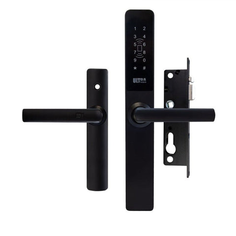 Black door handle with electronic lock on a white background