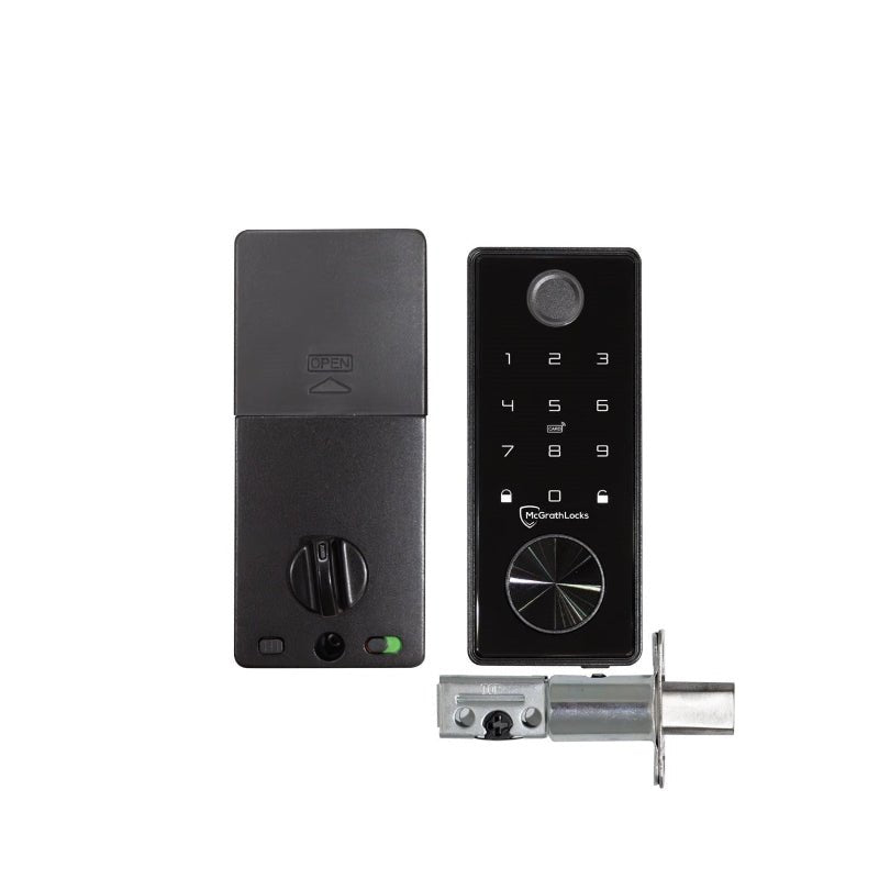 Smart door lock system with keypad, deadbolt, and lock mechanism on a white background