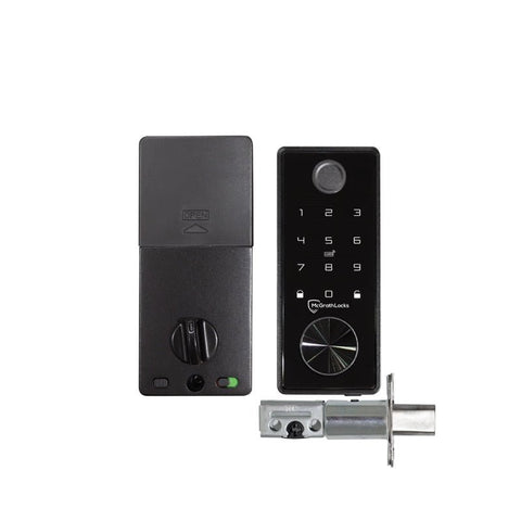 Smart door lock system with keypad, deadbolt, and lock mechanism on a white background