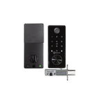 Smart door lock system with keypad, deadbolt, and lock mechanism on a white background