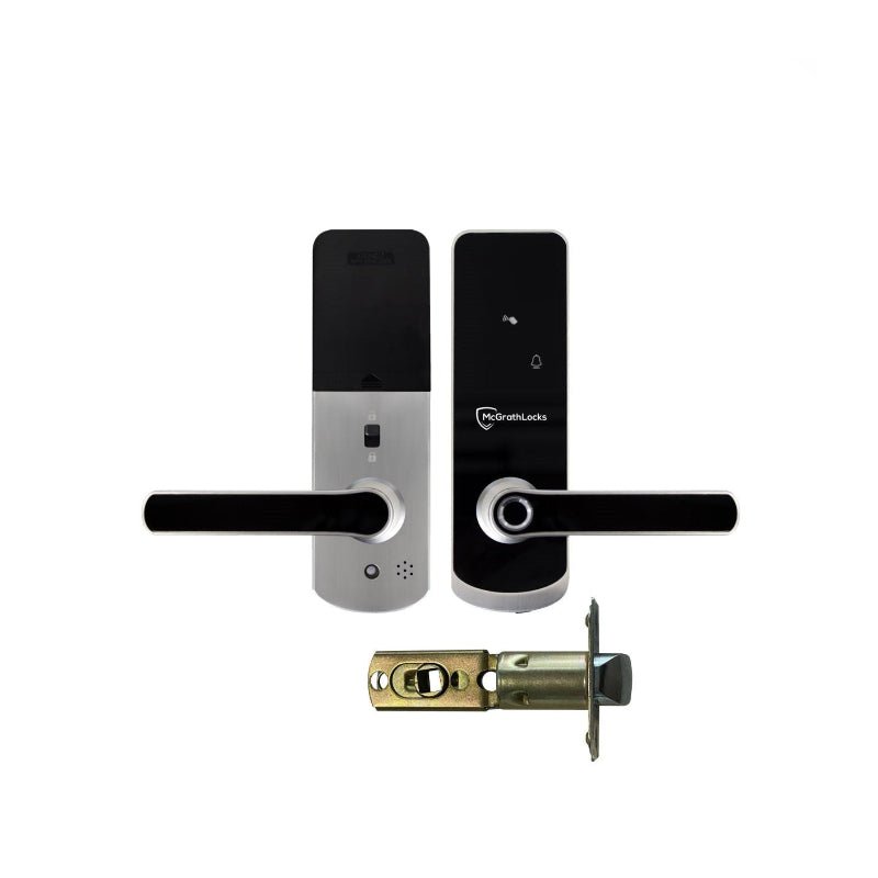 Smart door lock set with two handles and a deadbolt on a white background