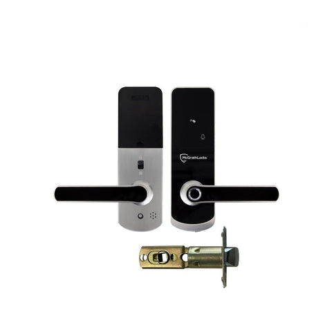 Smart door lock set with two handles and a deadbolt on a white background