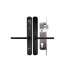 Black door handle with electronic lock mechanism on a white background