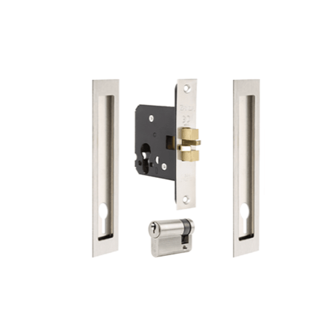 Set of door lock components including a latch, deadbolt, and two handles on a white background.