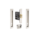 Set of door lock components including a latch, deadbolt, and two handles on a white background.