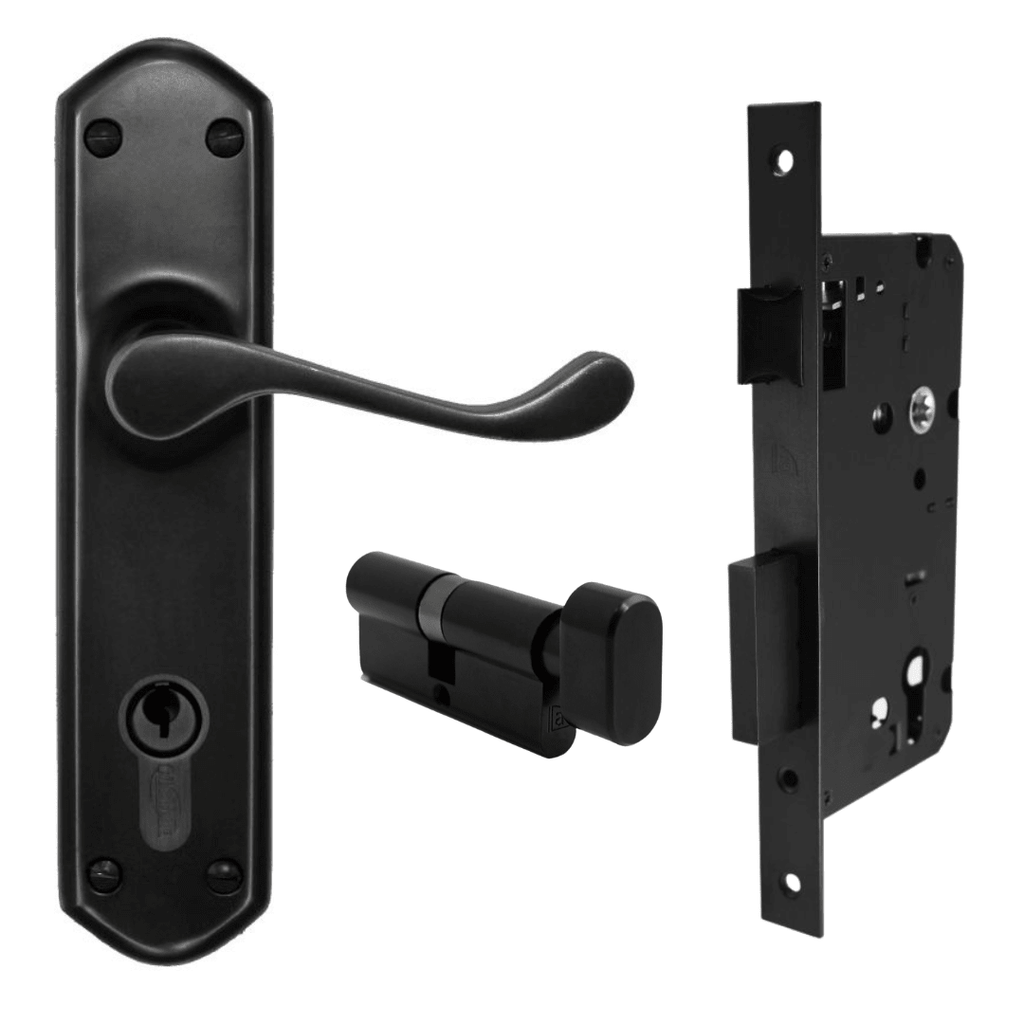 Black door handle, lock, and latch on a white background