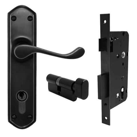 Black door handle, lock, and latch on a white background